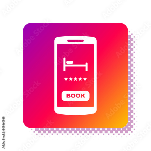 White Online hotel booking icon isolated on white background. Online booking design concept for mobile phone. Square color button. Vector Illustration