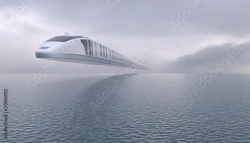 Canvas Print Futuristic train flies over the surface of the water on an air route