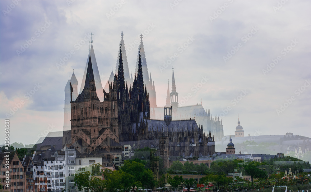 Cologne, Germany - June 12, 2019: Majestic dom towering over Cologne city on double exposure shot.