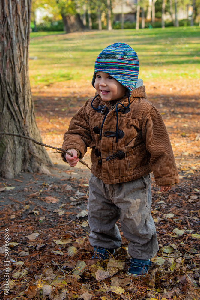 Little boy standing in autumn park. Boy with a stick Little boy standing in autumn park. Boy with a stick