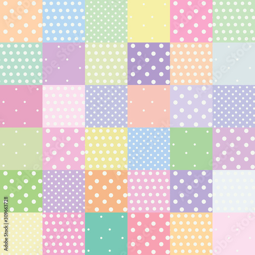 Seamless light multi-colored vector retro pattern of light colored patch squares with small white round dots.