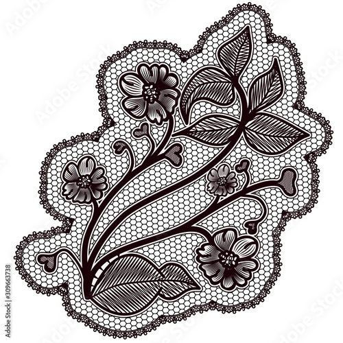 Lace flower. Black lace floral grid pattern isolated on white background.