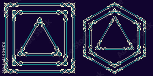 Set of different form shapes of frames frames in Oriental style. Intertwined Chinese elements on dark background.