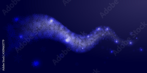 Snow wavy stream effect on blue background. Snow flakes cloud blizzard and glitter stream. Air movement sparkling snowflakes magical undulations. Cold winter light glowing element.