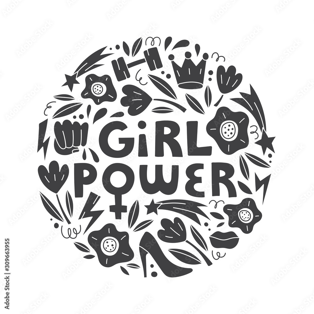 Girl power- vector hand drawn lettering with female symbols in doodle style. Feminism concept. Round illustration for cards and banners isolated on white background.
