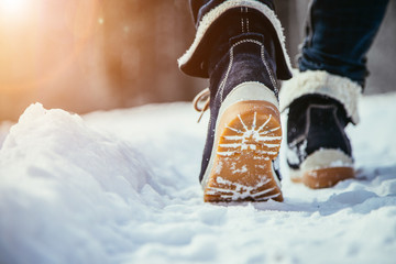 Girl is walking on snow, wintertime, cut out