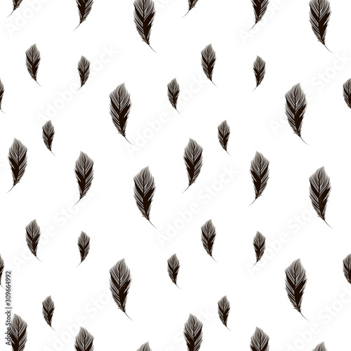 Seamless light vector background with simple contours of vertical black feathers on a white background.