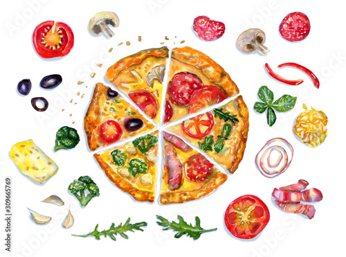 Watercolor flatlay composition with pizza and ingredients on white