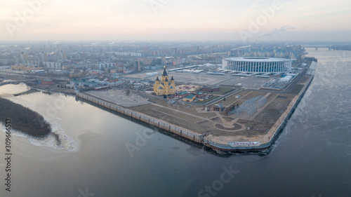 Alexander Nevsky Cathedral and football stadium at the confluence of the Oka and Volga rivers in Nizhny Novgorod 