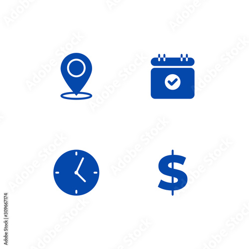 Set of vector icons. Indicate the location, date, time and cost of the event.