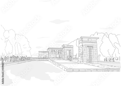 Hand drawn illustration. The Temple of Debod (Templo de Debod), an ancient Egyptian temple transported to Madrid Spain.