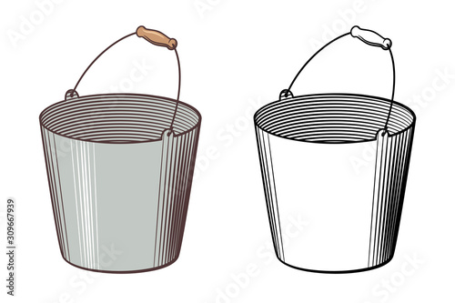 Empty metallic bucket with handle. Stylized vector illustration. Outline and colored version