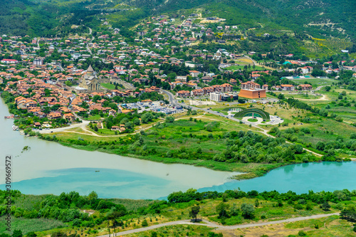 The Top View Of Mtskheta, Georgia, The Old Town Lies At The Confluence Of The Rivers Mtkvari And Aragvi. Svetitskhoveli Cathedral, Ancient Georgian Orthodox Church