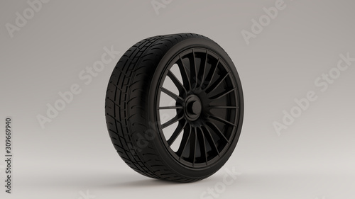 Matte Black Alloy Rim Wheel with a 18 Thin Spokes Open Wheel Design with Racing Tyre 3d illustration 3d render