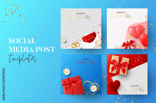 Social media cards for Valentine's Day. Vector illustration with realistic holiday decorative elements. Set of festive covers, holiday gift cards, social media posts, promotion banners.
