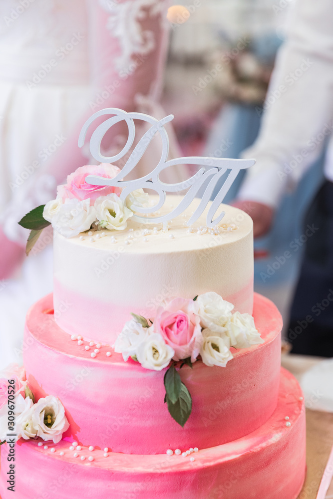Pink and White Wedding Cake with Roses Pink and White Wedding Cake with Roses
