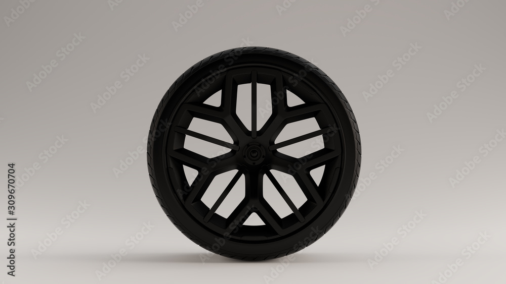 Matte Black Alloy Rim Wheel with a Multi 5 Spoke Geometric Open Wheel Design with Racing Tyre 3d illustration 3d render