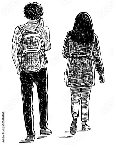 Sketch of students couple walking along street