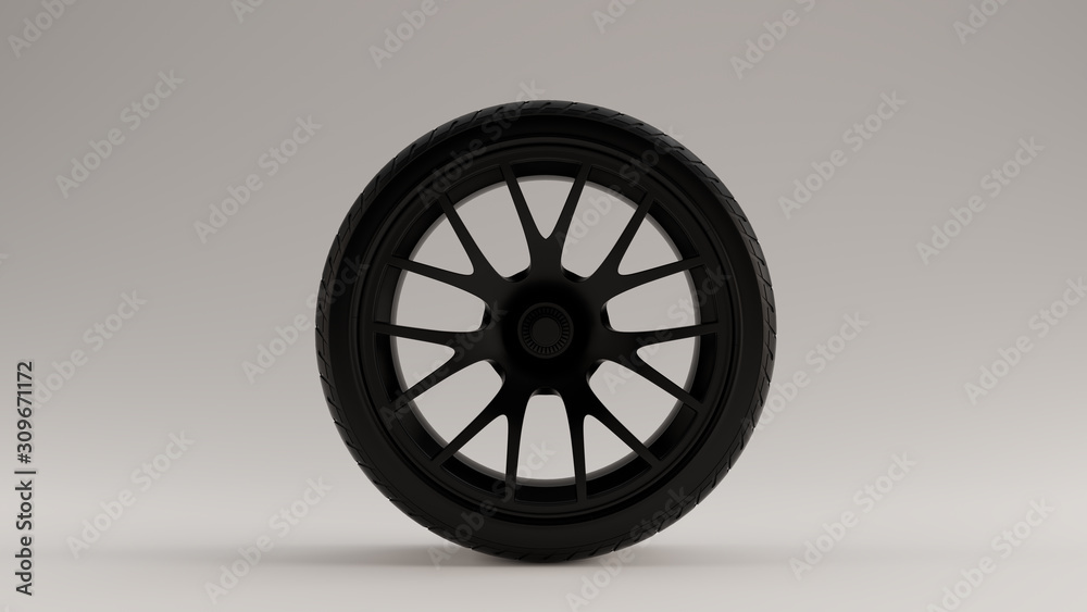 Obraz premium Matte Black Alloy Rim Wheel with a Complex 14 Spoke Offset Open Wheel Design with Racing Tyre 3d illustration 3d render