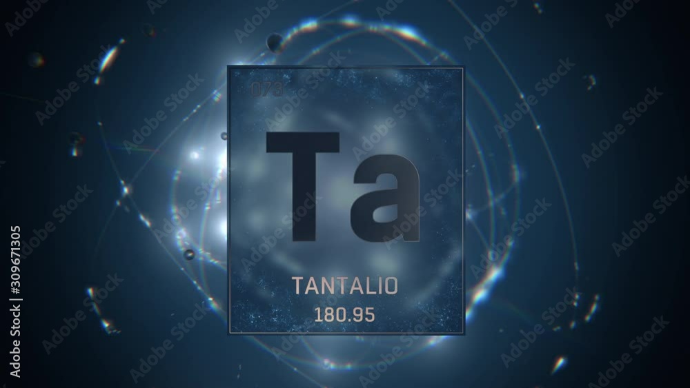 Tantalum as Element 73 of the Periodic Table. Seamlessly looping 3D animation on blue illuminated atom design background with orbiting electrons. Name, atomic weight, element number in Spanish languag Tantalum as Element 73 of the Periodic Table. Seamlessly looping 3D animation on blue illuminated atom design background with orbiting electrons. Name, atomic weight, element number in Spanish languag