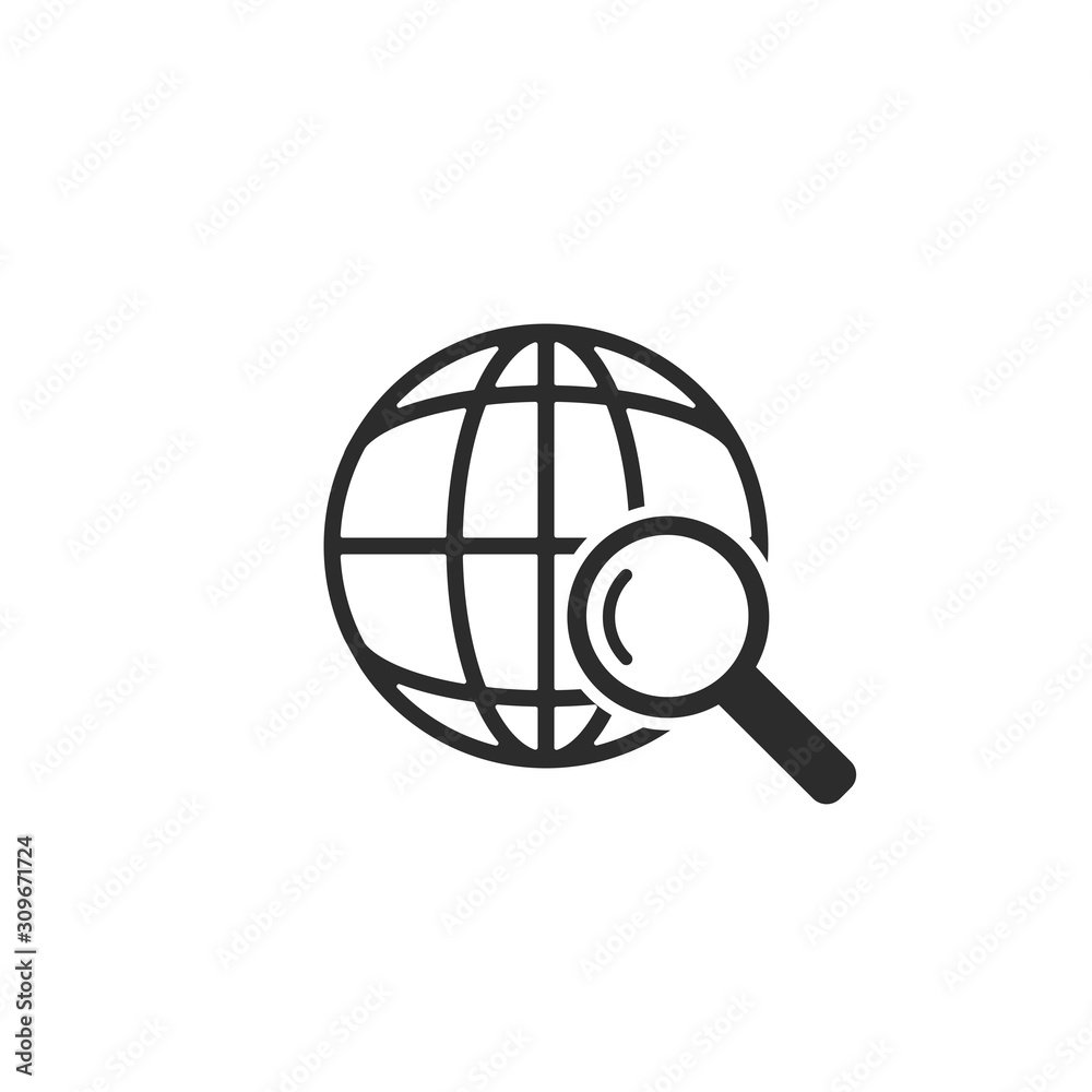 Vector globe and magnifier icon. Global search symbol on white isolated background. Vector globe and magnifier icon. Global search symbol on white isolated background.