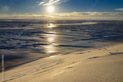 Ice and snow at the mouth of Sag river emptying into Prudhoe Bay Beaufort Sea Arctic Ocean