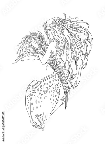 Ancient goddess, half girl half deer, mythology creature. Vector isolated outline illustration for coloring page