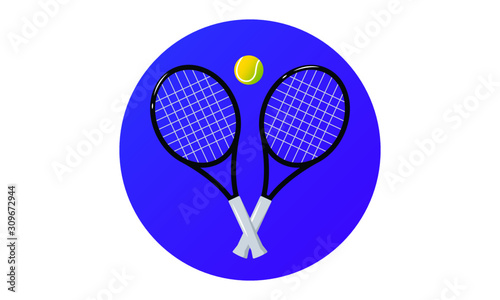 Tennis rackets and ball vector illustration. Flat image of sport equipment  - yellow tennis ball and racquets - isolated on white. Healthy lifestyle, sport and fitness, playing games concepts.