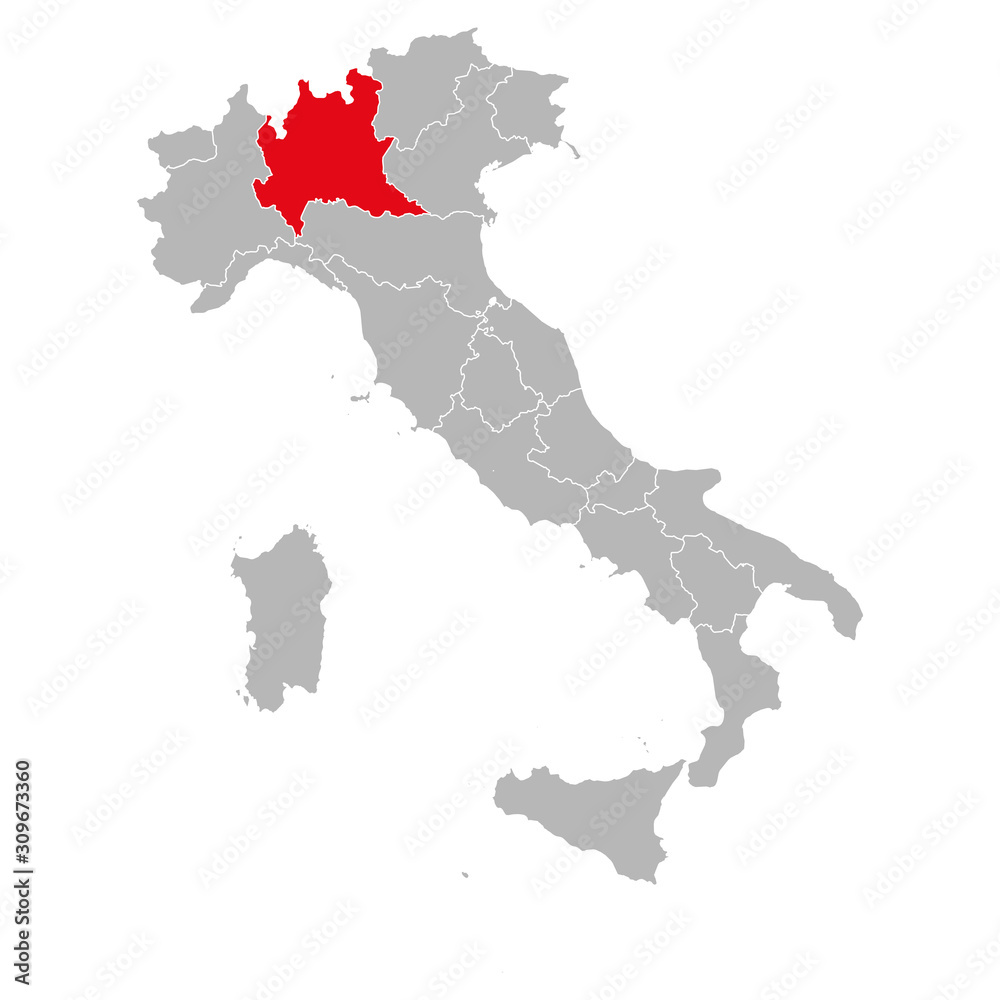 Lombardia italy political map marked red. Gray background.