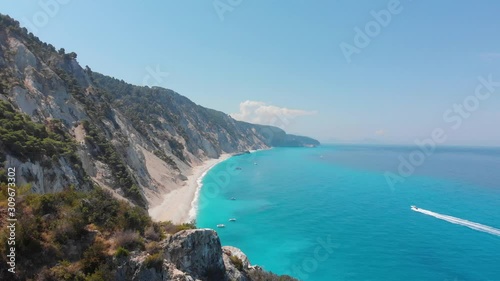 Aerial shot of beautiful Egremni Beach on Greek island Lefkada photo