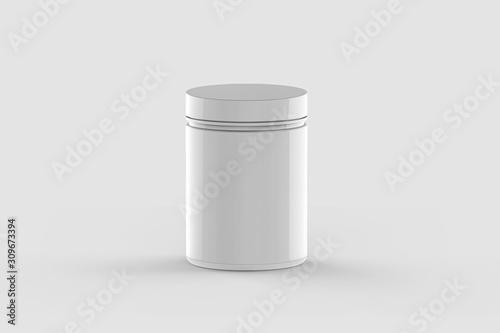Round white glossy Tin Can with lid on light gray background.3D rendering