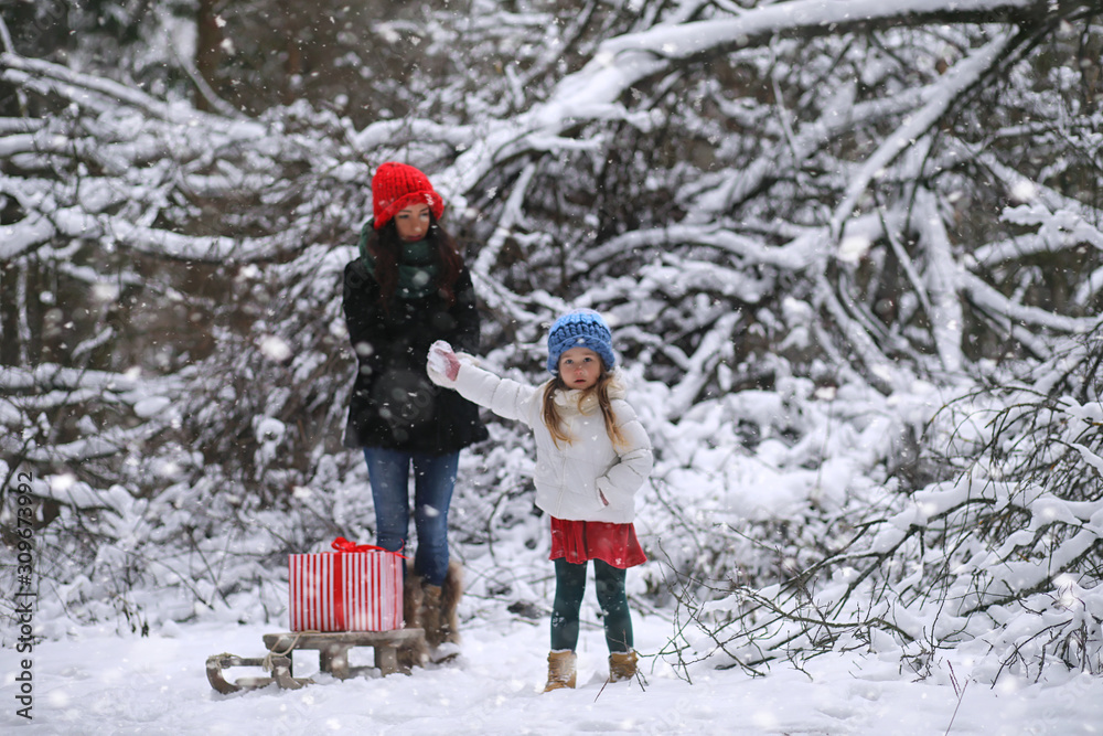 A winter fairy tale in the forest. A girl on a sled with gifts on the eve of the new year in the park. Two sisters walk in a New Year's park and ride a sled with gifts.