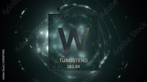 Tungsten as Element 74 of the Periodic Table. Seamlessly looping 3D animation on green illuminated atom design background with orbiting electrons. Name, atomic weight, element number in Spanish langua photo