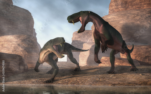 Gorgonops was a member of the Therapsids.  Here two fight over rights to a watering hole. They existed before the dinosaurs and are extinct.  3D Rendering