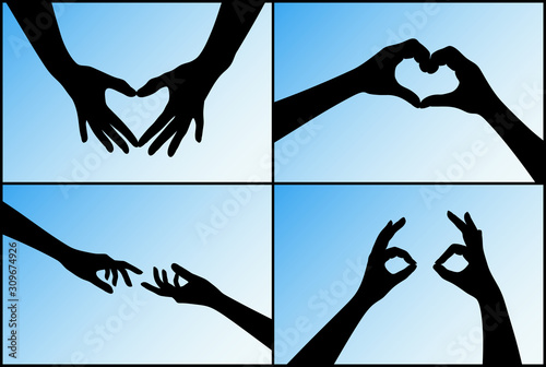 Set of hand silhouettes showing romantic human relationships on blue background. Heart shaped hands, reaching people. OK or excellence gesture. Vector illustration with isolated elements for design