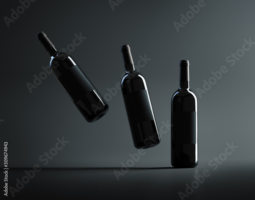 Three red wine bottles mockup. 3D render
