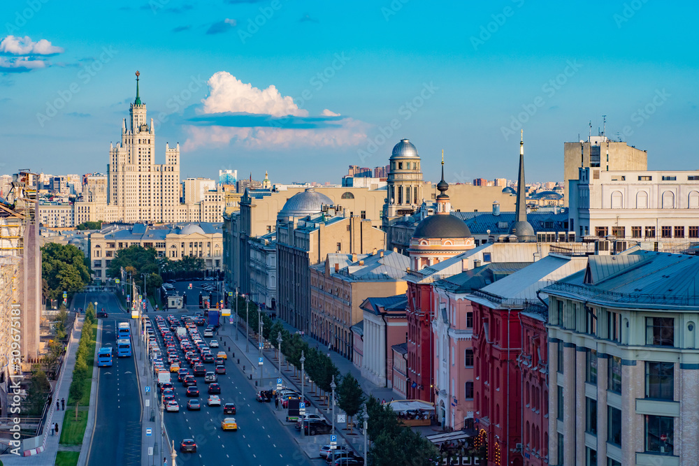 Fototapeta premium Moscow. Russia. Seven sisters in Moscow. High-rise building in the city center. Moscow architecture. Highway aerial view. Trip to Russia. Panorama from a quadcopter. Tourism in Russia.