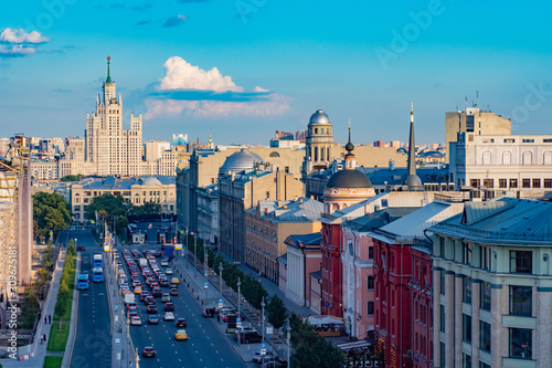 Moscow. Russia. Seven sisters in Moscow. High-rise building in the city center. Moscow architecture. Highway aerial view. Trip to Russia. Panorama from a quadcopter. Tourism in Russia.