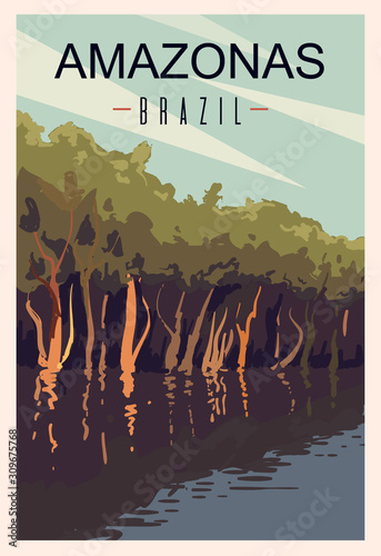 Amazonas river retro poster. Amazonas travel illustration. States of Brazil photo