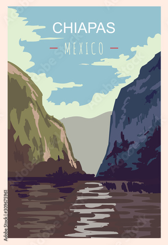 Chiapas retro poster. Chiapas travel illustration. States of Mexico