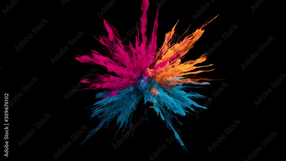Pink orange blue color burst - colorful smoke powder explosion of swirly particles or fluid ink in slow motion. Alpha matte isolated on black 60 fps