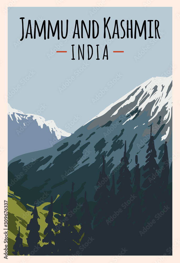 Jammu and Kashmir retro poster. Jammu and Kashmir travel illustration. Stock-vektor | Stock