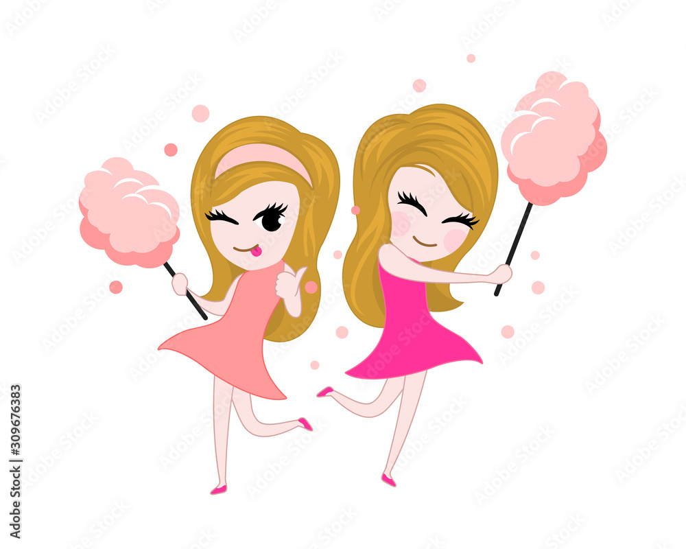 Twins cartoon girl carrying cotton candy Twins cartoon girl carrying cotton candy