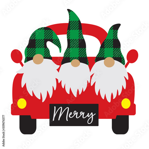 Christmas gnomes on truck vector illustration. Cute three gnomes with buffalo plaid hat on a vintage truck.