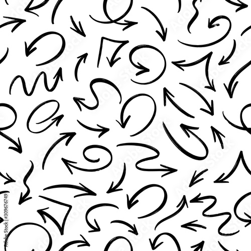 Vector seamless pattern with black grunge arrows on white background. Abstract different hand drawn brush arrows. Collection of chaotic doodle elements for design, concept, wrapping, print, textile.