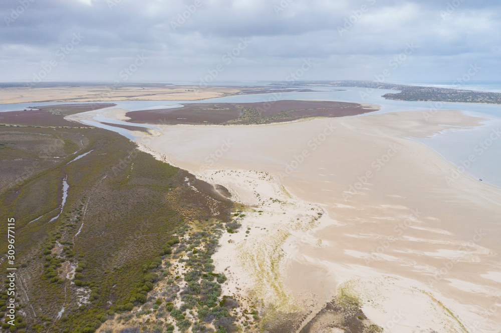 Aerial photograph of The Coorong at the mouth of the River Murray near Goolwa in South Australia