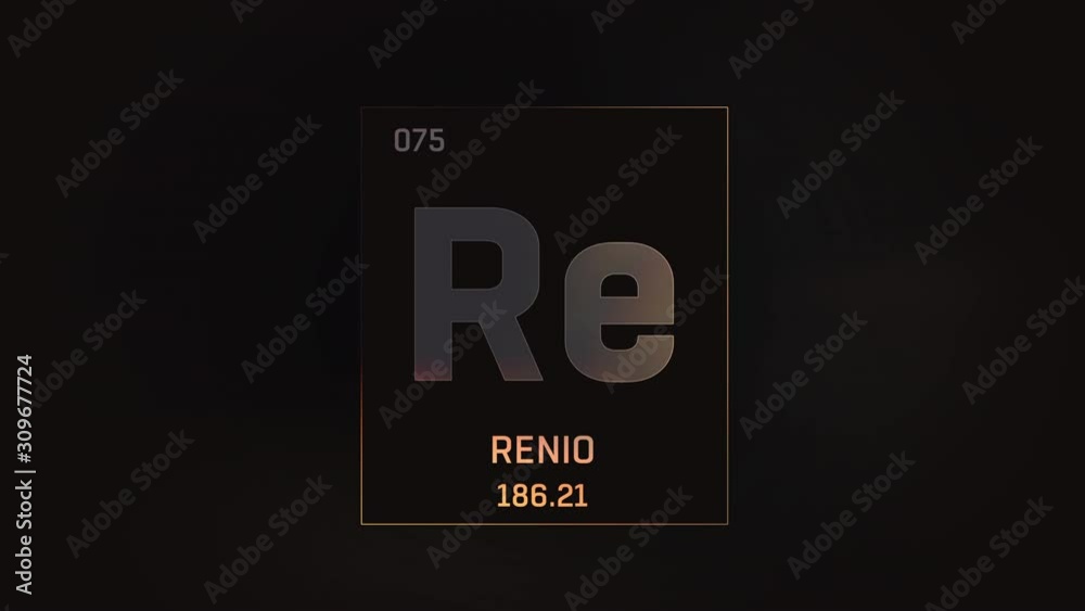 Rhenium as Element 75 of the Periodic Table. Seamlessly looping 3D animation on grey illuminated atom design background with orbiting electrons. Name, atomic weight, element number in Spanish language