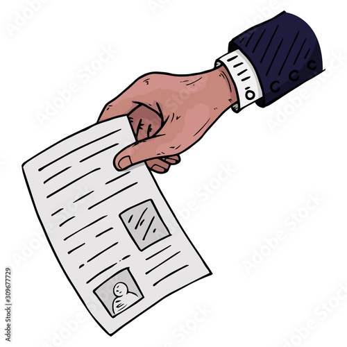 Voting ballot, form, list icon. Vector illustration of ballot paper in hand. Wrist hand holds a blank with a cross mark, document, sheet of paper with text.