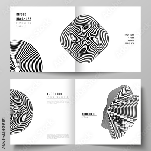 The vector layout of two covers templates for square design bifold brochure, magazine, flyer, booklet. Abstract 3D geometrical background with optical illusion black and white design pattern.