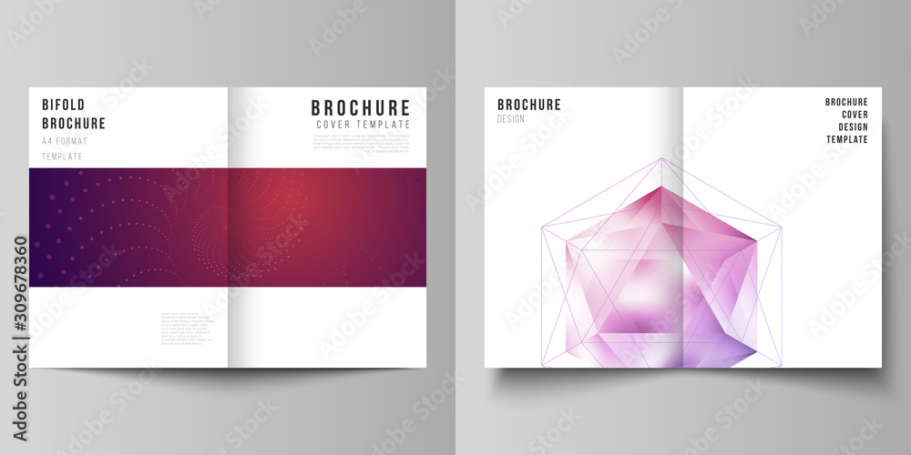 Fototapeta premium Vector layout of two A4 format modern cover mockups design templates for bifold brochure, flyer, booklet. 3d polygonal geometric modern design abstract background. Science or technology vector.